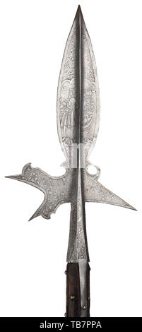 An etched Austrian halberd, circa 1580/90, Wide, leaf-shaped spike with distinctive central ridge on both side. Slender, jagged blade with robust rear fluke. Octagonal socket with four side straps (repair at the lower edge). Profuse etchings on both sides. On one side the portrayal of a Landsknecht ensign with a Reich eagle flag, on the other side the coat of arms of Burgundy-Habsburg consisting of an angular cross and fire strikers. The remaining surfaces decorated with fine flowers and scrolling leaves. Original staff of studded hard wood. The , Additional-Rights-Clearance-Info-Not-Available Stock Photo