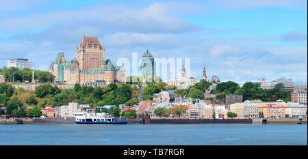 Quebec City skyline panorama over river with blue sky and cloud. Stock Photo