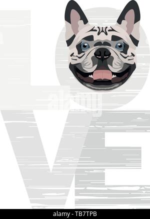 French Bulldog, dog, love, heart, puppy, illustration, grunge effect, happy, vector, barking, puppy dog ​​eyes, doggie, pet, best friend, fur, dog hea Stock Vector