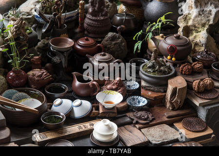 Ceramic teapots and tea ceremony cups on display in Chengdu, Sichuan, China Stock Photo