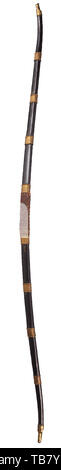 A rare Russian lacquered wooden sporting longbow, early 18th century with 19th century refurbishments, The wooden bow-stave slightly forward-curved towards the tips at both ends, lacquered black with traces of gilt leaf ornament of 17th century character repeated over much of its length on both sides, fitted with gilt-brass caps over the tips and a series of eight gilt-brass reinforcing bands each cast with a fine close-set pattern of flowers and foliage in the Russian fashion, and retaining its original 19th century grip covered with silver wire, Additional-Rights-Clearance-Info-Not-Available Stock Photo