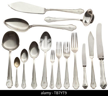 A silver cutlery set from an officers' mess, 33 pieces, stamped with '800', crown and crescent moon, also jeweller's mark in form of a standing man, the grips with finely engraved victory runes. Consisting of two large knives (length 25 cm) with stainless blades, two large forks (length 21 cm), three large spoons (length 21 cm), one medium-sized knife (length 21 cm), three fish knives (length 20.7 cm), four medium-sized forks (length 17.2 cm), three medium-sized spoons (length 17.5 cm), two dessert spoons (length 14.5. cm), three dessert knives (length 17.2 cm), three desse, Editorial-Use-Only Stock Photo