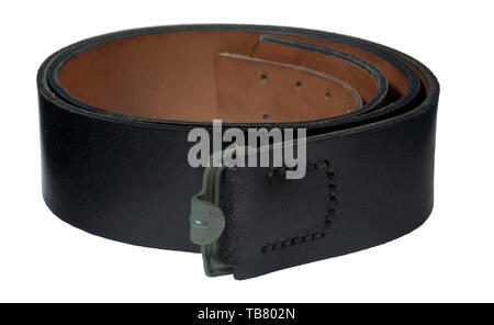 THE JOHN WAHL BELT AND BUCKLE COLLECTION, An unissued SS EM/NCO Leather Belt, 45 mm black leather belt with paper SS RZM control tag complete with field-grey painted steel catch. Size adjustment tongue stamped 'SS (double circle) 1325/43 RZM (double circle)'. Length approx. 110 cm. Cf. Angolia, Belt Buckles & Brocades of the Third Reich, p. 203., Editorial-Use-Only Stock Photo