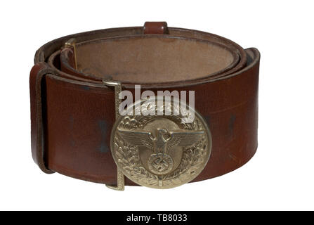 THE JOHN WAHL BELT AND BUCKLE COLLECTION, A NSDAP Official Leather Belt and Buckle, Stamped aluminium 57 mm diameter buckle retains 95% gold wash. Reverse has raised manufacturer's code 'RZM (double circle) M4/39'. 60 mm brown leather belt with faint blue ink RZM control stamp on reverse and a stamped 'RZM (double circle) L2/256/41' adjacent to aluminium catch stamped 'RZM (double circle) M4/23'. Belt is complete with two sliding, vertical 15 mm brown leather keepers and size adjustment tongue. Length approx. 110 mm., Editorial-Use-Only Stock Photo