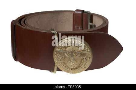 THE JOHN WAHL BELT AND BUCKLE COLLECTION, A NSDAP Official Leather Belt and Buckle, Stamped aluminium 57 mm diameter buckle retains 90% gold wash. Reverse has raised manufacturer's code 'RZM (double circle) M4/24'. 60 mm brown leather belt with blue ink '110' stamp on reverse and a stamped 'RZM (double circle) L8/682/42 KERNSTÜCK' adjacent to aluminium catch with raised 'RZM (double circle) M4/77'. Belt is complete with two sliding, vertical 15 mm brown leather keepers and size adjustment tongue. Length approx. 110 mm., Editorial-Use-Only Stock Photo