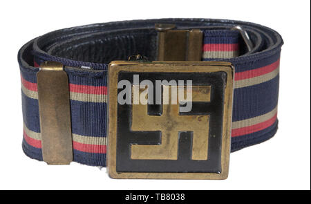 THE JOHN WAHL BELT AND BUCKLE COLLECTION, An unattributed/unofficial Patriotic Belt and Buckle, Stamped brass 42.5 mm square buckle with raised national emblem on black painted background. 35 mm black leather backed blue, fabric with two yellow and red stripes bordering the outer edges. Two vertical brass keepers and catch. Length approx. 85 mm. Cf. Angolia, Belt Buckles & Brocades of the Third Reich, p. 586., Editorial-Use-Only Stock Photo