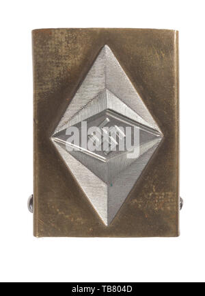 THE JOHN WAHL BELT AND BUCKLE COLLECTION, A Studentenbund Belt Buckle, Stamped brass, 35 x 50 mm, smooth outer field, stamped aluminium diamond insignia and swastika applied by one spot solder. Cf. Angolia, Belt Buckles & Brocades of the Third Reich, p. 306., Editorial-Use-Only Stock Photo
