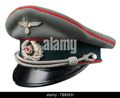 THE JOHN PEPERA COLLECTION, A Visor Hat for Officers of the Army, Artillery, Field grey doe skin wool, dark green wool centre band, red wool piping, aluminium eagle, wreath and cockade, aluminium chin cords retained with pebbled side buttons, black lacquered visor, service worn tan leather sweatband, golden silk interior lining and intact moisture shield over imprinted manufacturer's logo., Editorial-Use-Only Stock Photo
