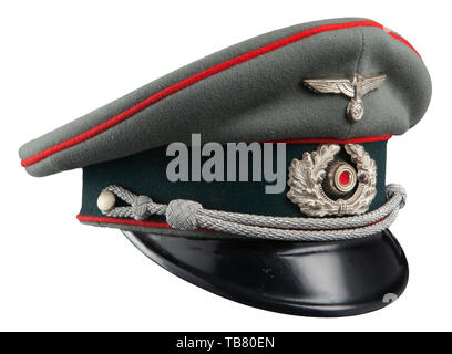 THE JOHN PEPERA COLLECTION, A Visor Hat for Officers of the Army, Artillery, Field grey doe skin wool, dark green wool centre band, red wool piping, aluminium eagle, wreath and cockade, aluminium chin cords retained with pebbled side buttons, black lacquered visor, service worn tan leather sweatband, golden silk interior lining and intact moisture shield over imprinted manufacturer's logo., Editorial-Use-Only Stock Photo