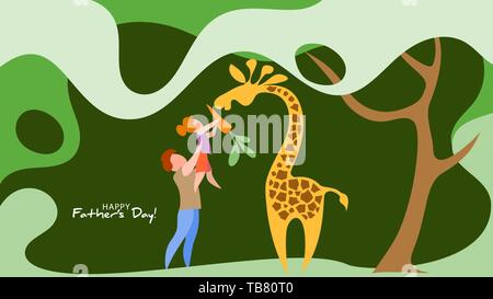 Father lifting up his daughter to feed giraffe. Happy fathers day card. Flat style. Vector illustration Stock Vector