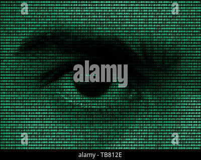 Human eye in green binary code Stock Photo