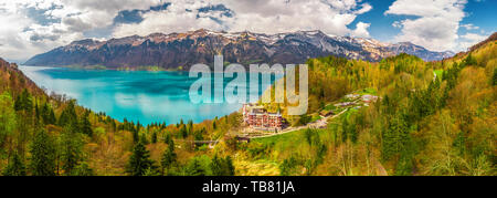 Lake Brienz by Interlaken with the Swiss Alps covered by snow in the background, Switzerland, Europe Stock Photo