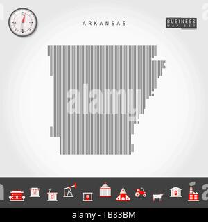 Vector Vertical Lines Pattern Map of Arkansas. Striped Simple Silhouette of Arkansas. Realistic Compass. Business Infographic Icons. Stock Vector
