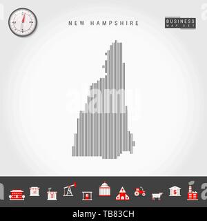 Vector Vertical Lines Pattern Map of New Hampshire. Striped Simple Silhouette of New Hampshire. Realistic Compass. Business Infographic Icons. Stock Vector