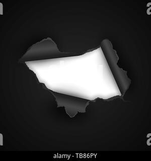Torn hole in paper on black background. Vector illustration. Stock Vector