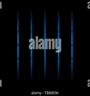 3d blue fading neon light elements, vertical lines and dots on black background. Futuristic abstract pattern. Stock Vector