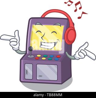 Listening music arcade machine next to mascot table Stock Vector