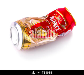 Chisinau, Moldova January 28, 2017:  Crumpled can of beer  Krusovice . Krusovice Imperial (12 degree) is brewed at the Krusovice brewery 30 km west of Stock Photo