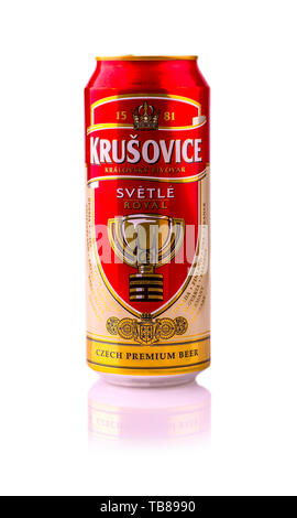 Chisinau, Moldova January 28, 2017:  Krusovice beer. Krusovice Imperial (12 degree) is brewed at the Krusovice brewery 30 km west of Prague. This beer Stock Photo