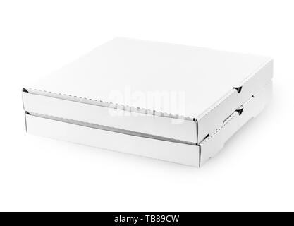 Two white cardboard pizza boxes isolated on white. Stock Photo