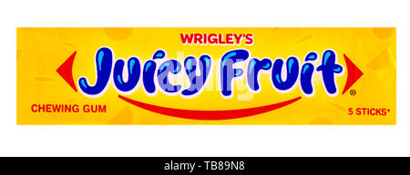 Chisinau, Moldova - SEPTENBER 15, 2017: Wrigley's Juicy Fruit chewing gum 5 sticks isolated on white background with clipping path. Juicy Fruit chewin Stock Photo