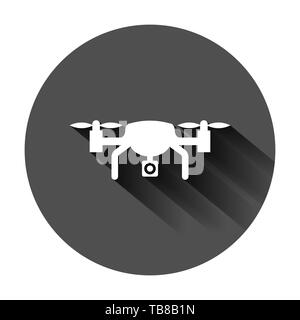 Drone quadrocopter icon in flat style. Quadcopter camera vector illustration on black round background with long shadow. Helicopter flight business co Stock Vector