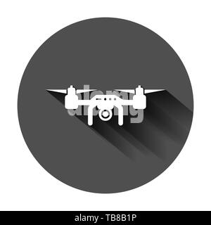 Drone quadrocopter icon in flat style. Quadcopter camera vector illustration on black round background with long shadow. Helicopter flight business co Stock Vector