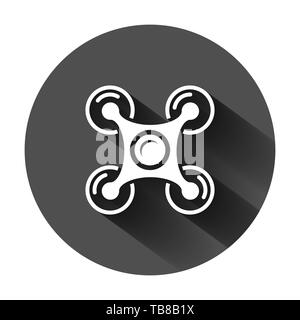 Drone quadrocopter icon in flat style. Quadcopter camera vector illustration on black round background with long shadow. Helicopter flight business co Stock Vector