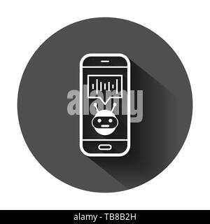 Voice assistant on smartphone icon in flat style. Sound record vector illustration on black round background with long shadow. Chat recognition busine Stock Vector