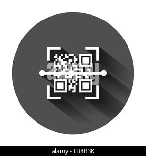 Qr code scan icon in flat style. Scanner id vector illustration on black round background with long shadow. Barcode business concept. Stock Vector