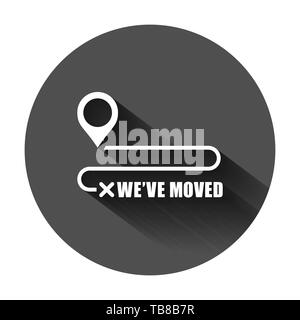 Move location icon in flat style. Pin gps vector illustration on black round background with long shadow. Navigation business concept. Stock Vector