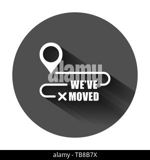 Move location icon in flat style. Pin gps vector illustration on black round background with long shadow. Navigation business concept. Stock Vector