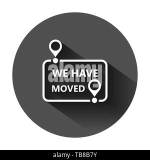 Move location icon in flat style. Pin gps vector illustration on black round background with long shadow. Navigation business concept. Stock Vector