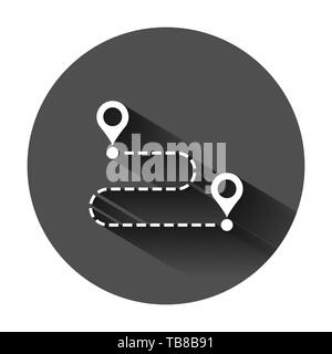 Move location icon in flat style. Pin gps vector illustration on black round background with long shadow. Navigation business concept. Stock Vector