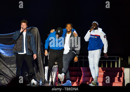 Liverpool, UK. 30th May 2019. British R&B Group, and 2017 X Factor winners, Rak-Su, perform as support for Olly Murs during his ‘All The Hits Tour 2019’, at the M&S Bank Arena. Credit: Paul Warburton/Alamy Live News Stock Photo