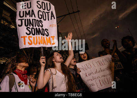 Sao Paulo, Brazil. 30th May, 2019. Demonstrators protest against the education policy of President Bolsonaro's government. Students and professors protested against the planned cuts in the education system and against the Brazilian Education Minister Weintraub. Credit: Tuane Fernandes/dpa/Alamy Live News Stock Photo