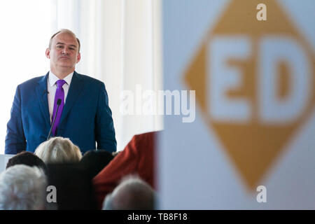 London, UK. 30 May, 2019. Ed Davey, Liberal Democrat MP for Kingston and Surbiton and former Secretary of State for Energy and Climate Change, makes a speech in central London as he launches his campaign for the party leadership following excellent results for the party in the recent European and local elections. Credit: Mark Kerrison/Alamy Live News Stock Photo