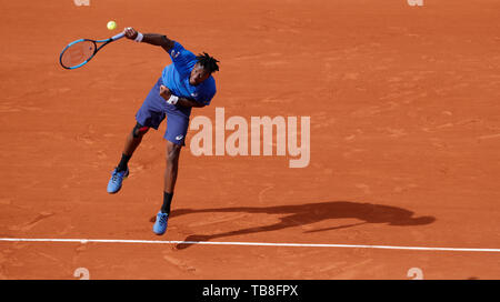 Paris, Paris. 30th May, 2019. Gael Monfils of France serves during the men's singles second round match with Adrian Mannarino of France at French Open tennis tournament 2019 at Roland Garros, in Paris, France on May 30, 2019. Credit: Han Yan/Xinhua/Alamy Live News Stock Photo