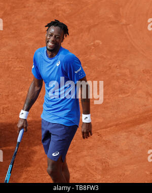 Paris, Paris. 30th May, 2019. Gael Monfils of France reacts during the men's singles second round match with Adrian Mannarino of France at French Open tennis tournament 2019 at Roland Garros, in Paris, France on May 30, 2019. Credit: Han Yan/Xinhua/Alamy Live News Stock Photo