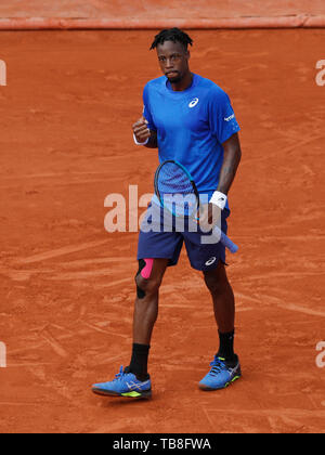 Paris, Paris. 30th May, 2019. Gael Monfils of France celebrates after the men's singles second round match with Adrian Mannarino of France at French Open tennis tournament 2019 at Roland Garros, in Paris, France on May 30, 2019. Credit: Han Yan/Xinhua/Alamy Live News Stock Photo