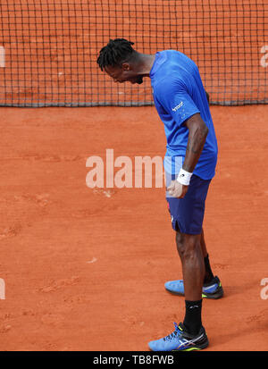 Paris, Paris. 30th May, 2019. Gael Monfils of France celebrates after the men's singles second round match with Adrian Mannarino of France at French Open tennis tournament 2019 at Roland Garros, in Paris, France on May 30, 2019. Credit: Han Yan/Xinhua/Alamy Live News Stock Photo