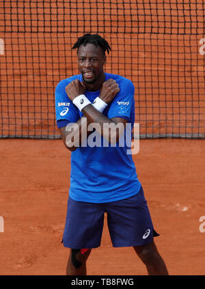 Paris, Paris. 30th May, 2019. Gael Monfils of France celebrates after the men's singles second round match with Adrian Mannarino of France at French Open tennis tournament 2019 at Roland Garros, in Paris, France on May 30, 2019. Credit: Han Yan/Xinhua/Alamy Live News Stock Photo