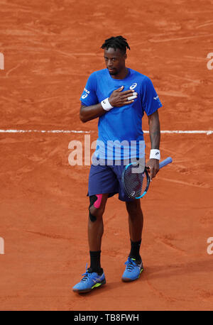 Paris, Paris. 30th May, 2019. Gael Monfils of France celebrates after the men's singles second round match with Adrian Mannarino of France at French Open tennis tournament 2019 at Roland Garros, in Paris, France on May 30, 2019. Credit: Han Yan/Xinhua/Alamy Live News Stock Photo