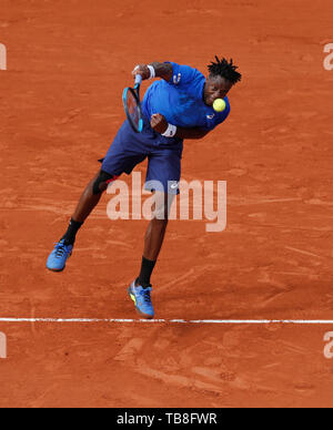 Paris, Paris. 30th May, 2019. Gael Monfils of France serves during the men's singles second round match with Adrian Mannarino of France at French Open tennis tournament 2019 at Roland Garros, in Paris, France on May 30, 2019. Credit: Han Yan/Xinhua/Alamy Live News Stock Photo