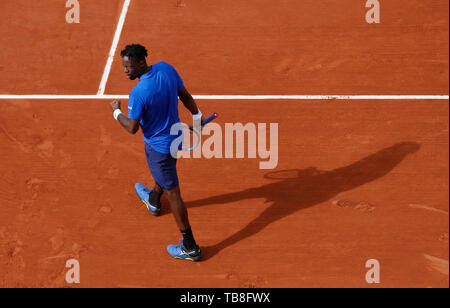 Paris, Paris. 30th May, 2019. Gael Monfils of France reacts during the men's singles second round match with Adrian Mannarino of France at French Open tennis tournament 2019 at Roland Garros, in Paris, France on May 30, 2019. Credit: Han Yan/Xinhua/Alamy Live News Stock Photo