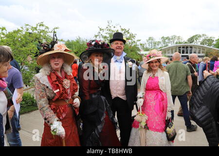 Dublin. 30th May, 2019. People wearing costumes are seen at Bloom Festival in Dublin, Ireland, May 30, 2019. Bloom Festival, Ireland's largest garden festival, was officially opened to the public by Irish President Michael D. Higgins in Dublin's Phoenix Park on Thursday morning, attracting tens of thousands of visitors both from home and abroad. Credit: Xinhua/Alamy Live News Stock Photo