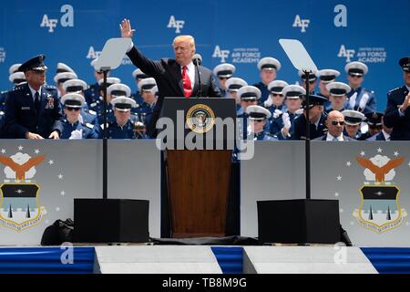 Colorado Springs, Colorado, USA. 30th May, 2019. U.S President Donald Trump delivers the commencement address during the U.S. Air Force Academy Graduation Ceremony at the USAF Academy Falcon Stadium May 30, 2019 in Colorado Springs, Colorado. Credit: Planetpix/Alamy Live News Stock Photo
