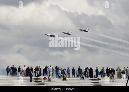Colorado Springs, Colorado, USA. 30th May, 2019. The U.S. Air Force Air Demonstration Squadron Thunderbirds fly overhead at the conclusion of graduation ceremonies at the USAF Academy Falcon Stadium May 30, 2019 in Colorado Springs, Colorado. U.S. President Donald Trump gave the commencement address to the more than 900 graduates. Credit: Planetpix/Alamy Live News Stock Photo