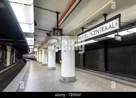 Empty underground platform in Brussels central station, one of the three main railway stations in the city. Stock Photo