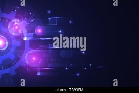 Abstract technology background. Futuristic glowing gears on dark backdrop. Hi-tech concept with bright connections. Modern circuit with spinning eleme Stock Vector